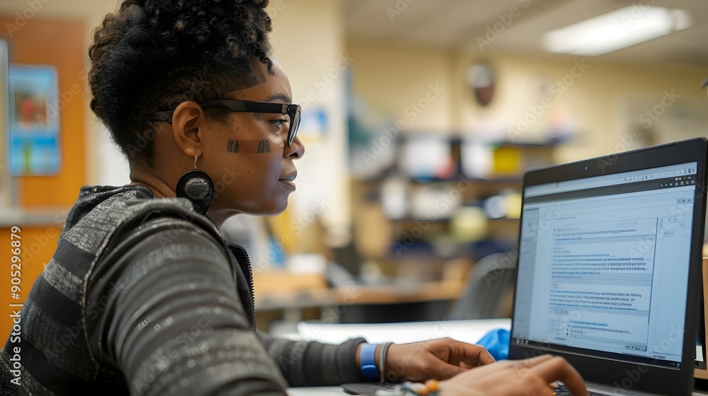 Poster blind person using assistive screen reader technology on laptop computer