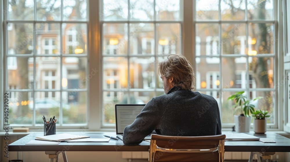 Poster individual working at a desk facing a large window overlooking a neighborhood in the afternoon. gene