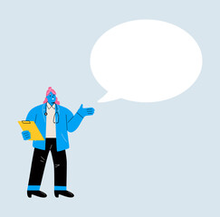 Female doctor explaining and presenting something. Colored flat vector illustration
