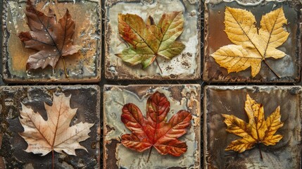 Fototapeta premium Nine autumn foliage on tile with natural edges