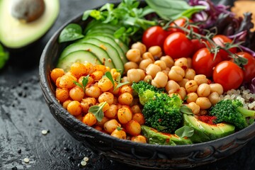 Colorful Healthy Bowl Filled With Chickpeas, Fresh Vegetables, and Quinoa on a Dark Background