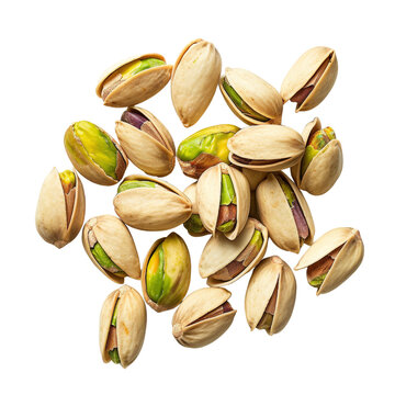 Close-up of fresh, tasty pistachio nuts in shells, isolated on a white background. Perfect healthy snack or ingredient for recipes.