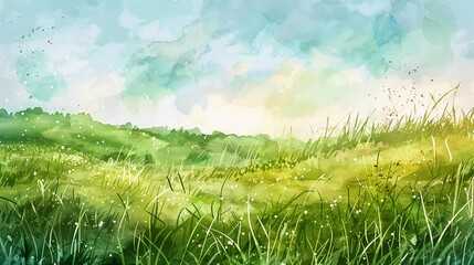 Fototapeta premium watercolor hand drawn green fields with plants and grass landscape illustration design