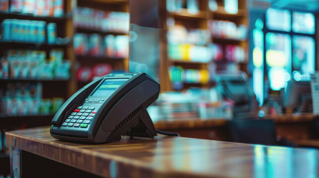 the cash register in the store. a payment terminal in the store. International Credit Union Day
