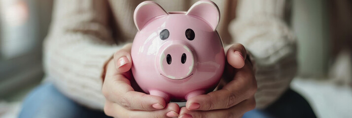 the girl holds a piggy bank in her hands. International Credit Union Day