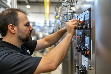 A technician inspecting a beverage canning line