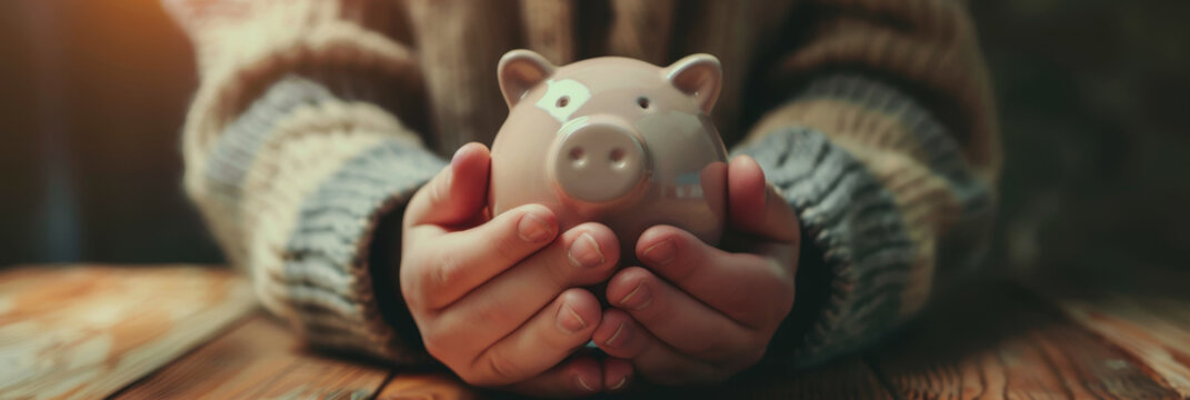 the girl holds a piggy bank in her hands. International Credit Union Day