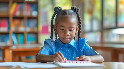 Visually Impaired Child Learning Braille Tactile Reading at Inclusive School Classroom