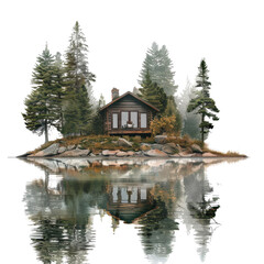 Peaceful lakeside cabin surrounded by trees, reflecting on still waters, ideal for nature retreats and tranquil getaways.