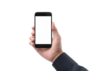 A person holding a smartphone with a blank screen, ready for your design or content. Ideal for tech and mobile app presentations.