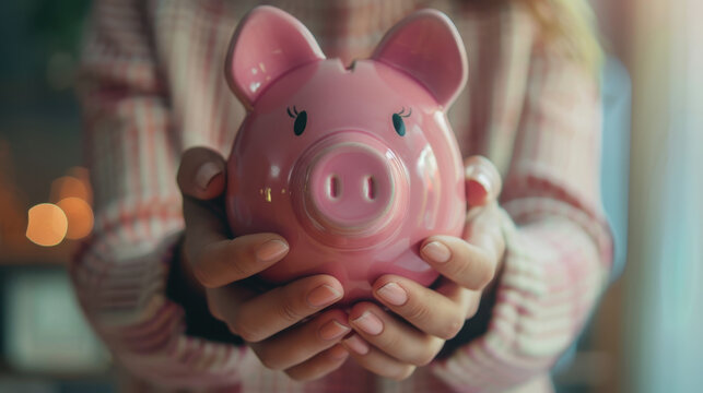 the girl holds a piggy bank in her hands. International Credit Union Day