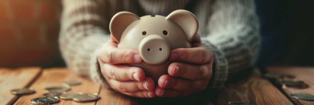 the girl holds a piggy bank in her hands. International Credit Union Day