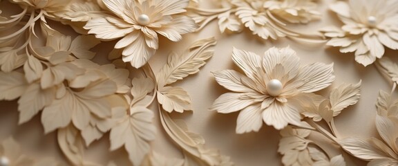 Beautiful texture of paper Wallpaper embossed in form of a classic floral ornament in light golden beige and white tones.