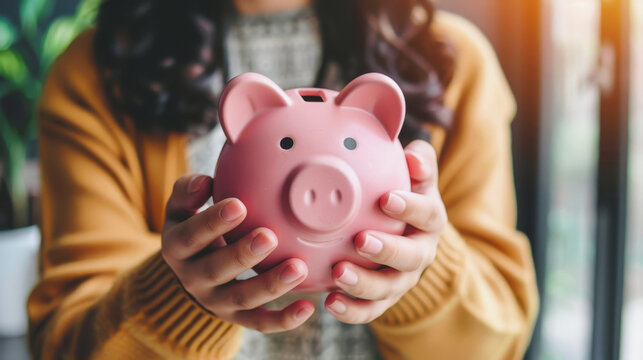 the girl holds a piggy bank in her hands. International Credit Union Day