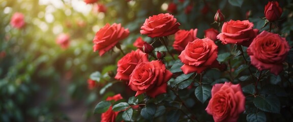 Beautiful floral natural background with red roses in garden an outdoor with beautiful bokeh and free space for text.
