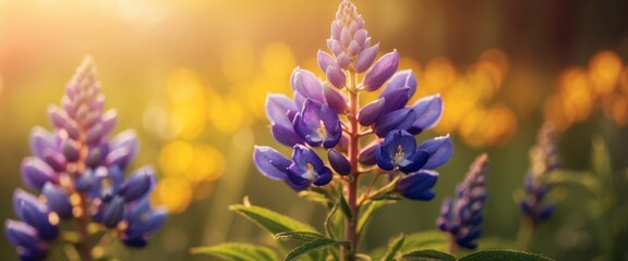 Obraz premium Beautiful lupine flower on a golden background morning sunrise macro Colorful bright artistic image with a soft focus.