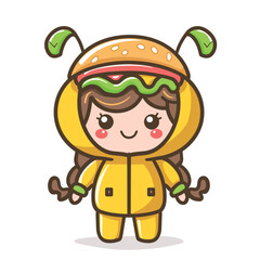 Cartoon character dressed hamburger. Cute female character wearing hamburger costume smiling face. Childfriendly design isolated white background