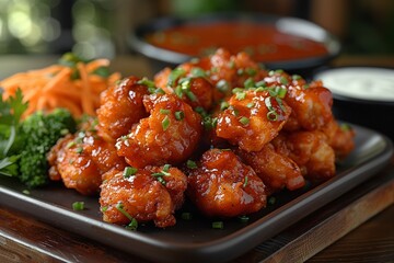 Fototapeta premium Boneless chicken wings dipped in buffalo and BBQ sauce