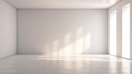 Abstract white empty room with white walls and floor and sunlight.