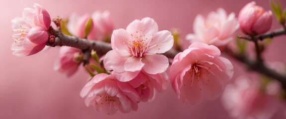 Beautiful flowering peach branch in spring in nature Spring flowers on a delicate pink background close-up macro.