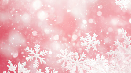 Snow-covered pink background with gentle white snowflakes, creating a sweet Christmas winter design. The pink hue adds a soft, festive charm.