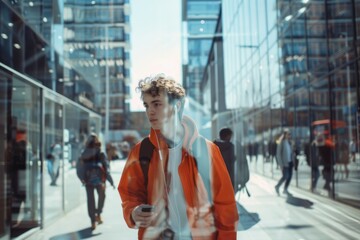 Street shot, a boy wearing headphones is shopping