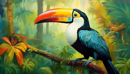 Fototapeta premium illustration of Toucan in a rainforests