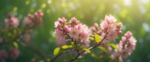 Fototapeta premium Beautiful blurred spring background image with branches of flowering myiosa in nature in the rays of sunlight outdoors.