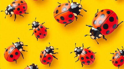 Obraz premium A pattern of vibrant ladybugs with red and black spots, set against a bright background. The cheerful design features the ladybugs in various poses.