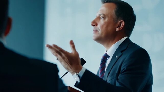 Serious businessman speaking at podium microphone, corporate press conference or political speech