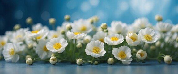 Beautiful floral composition in the form of a frame of white buttercups on a blue background using a soft blur filter.