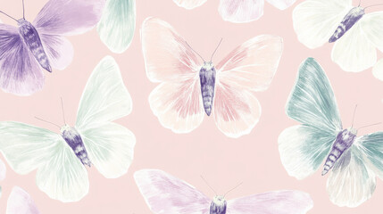 Obraz premium A pattern of delicate moths with wings in soft pastel colors like lavender, pink, and mint, creating a serene and enchanting background.