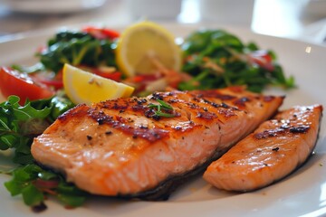 Grilled Salmon Fillet Served With Fresh Salad and Lemon Wedges at a Cozy Restaurant