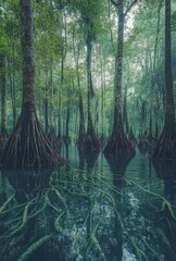 Obraz premium A dense swamp forest with trees displaying intricate root systems above the waterline, creating a mystical atmosphere