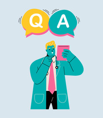 Doctor answering questions. Q and A texts. Colored flat vector illustration