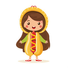 Young girl dressed hot dog smiling, standing, wearing costume. Child food outfit looking cheerful, happy expression, cartoon character. Kids party, dressing up, hot dog suit, playful mood, fun event