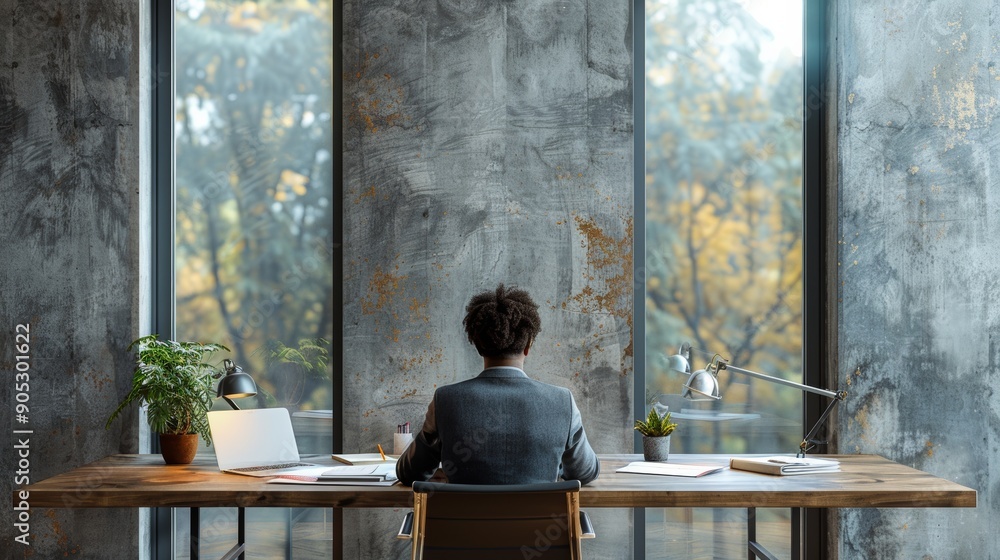 Poster individual working at desk in modern office with large windows overlooking autumn trees. generative 