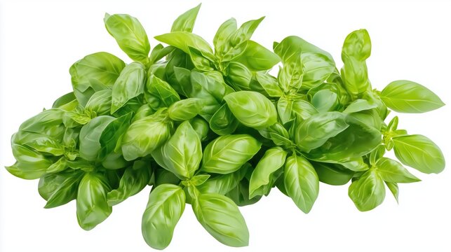 Bright bunch of fresh basil herb on white background