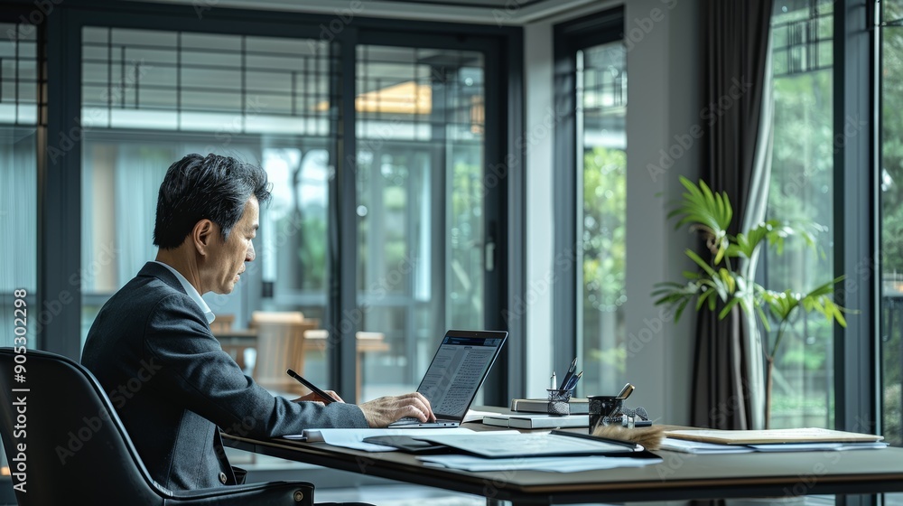 Poster professional man working intently at desk in modern office setting during daylight hours. generative