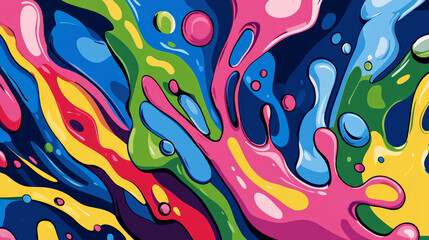Obraz premium A lively color splash abstract cartoon background featuring splashes of blue, pink, and green. The whimsical design includes bold outlines and dynamic shapes, creating a fun and festive atmosphere.