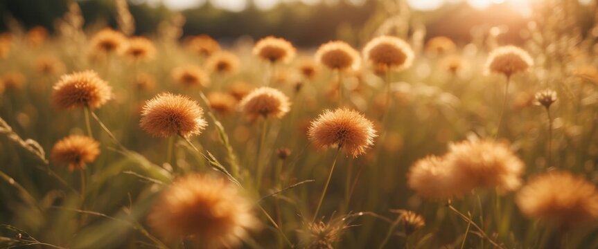 Beautiful widescreen summer picture of bright warm summer day in orange and light brown tones - fluffy grass inflorescences and soft bokeh.