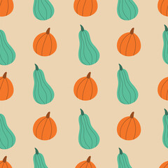 Pumpkin seamless pattern. Orange and green pumpkin on a beige background. Vector illustration for packaging, fabric, cover, wrapping paper, autumn background