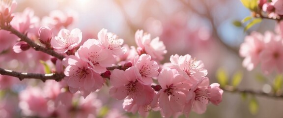Obraz premium Beautiful spring background with branch of blossoming tree and flash of sun in nature Pink spring flowers on bright Sunny day Abstract blurred background Springtime blooming.