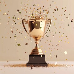 Golden Trophy with Confetti on a Beige Background, Celebrating Victory and Excellence for a Championship Team or Competition Award