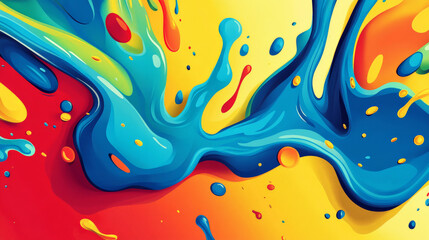 A vibrant color splash abstract cartoon background featuring bold splashes of red, blue, yellow, and green. The playful design includes swirling shapes and dynamic lines, creating an energetic and fun