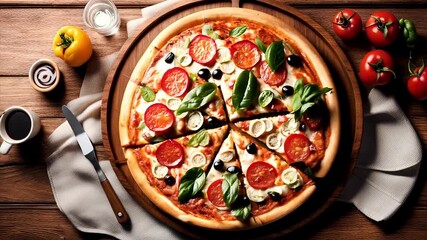 Top view of fresh and hot Italian pizza and different sauce and vegetables rotate on wooden table.