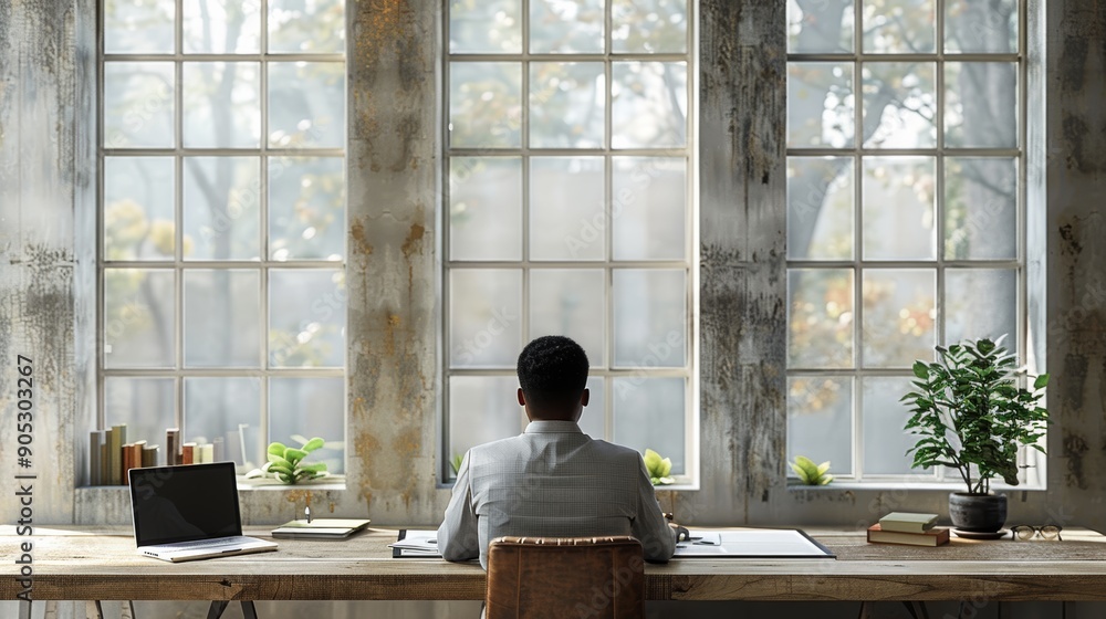 Poster focused individual working at desk with natural light streaming through large windows in a cozy envi