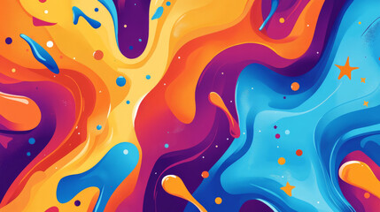 A cheerful color splash abstract cartoon background with splashes of blue, orange, and purple. The playful design includes starbursts and wavy lines, adding a fun and imaginative feel.