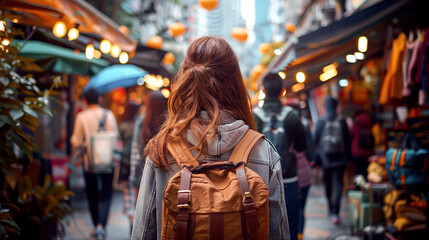 Fototapeta premium Woman with a backpack exploring a vibrant market street filled with colorful lights and bustling activity, capturing the essence of urban adventure.