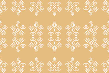 Traditional ethnic motifs ikat geometric fabric pattern cross stitch.Ikat embroidery Ethnic oriental Pixel brown cream label background. Abstract,vector,illustration. Texture,decoration,wallpaper.